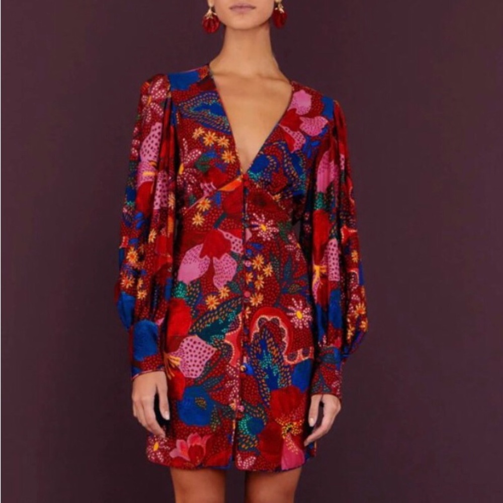 FARM Rio Red Multicolor Floral V-Neck Mini Dress